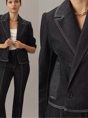 NWT Maeve Boxy Cropped Double Breasted Rinsed Denim blazer White Stitching XL